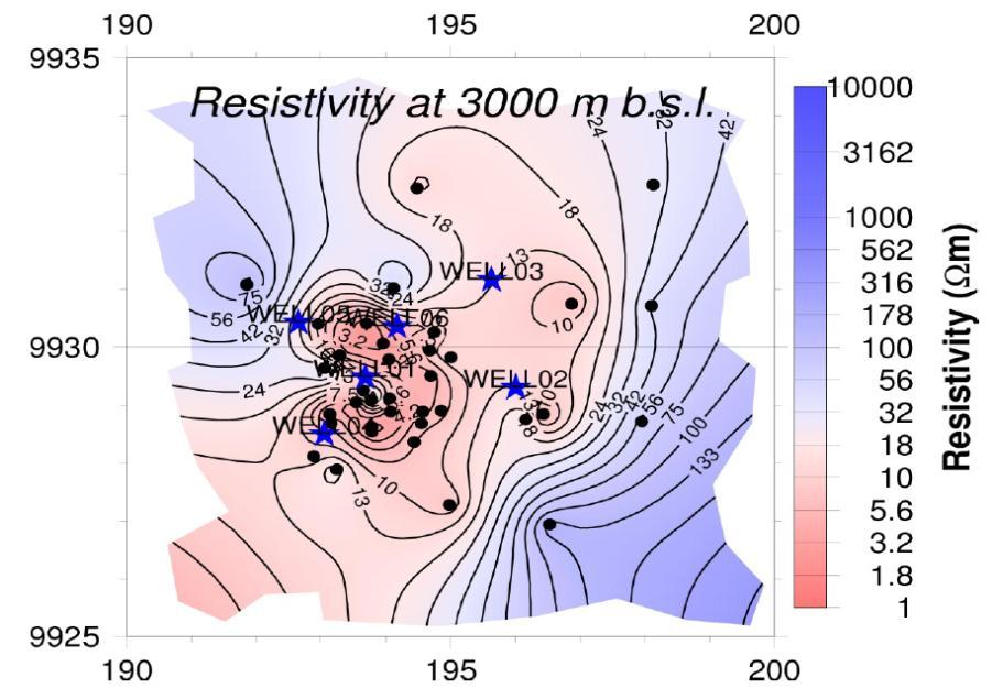 Figure 4: Resistivity planar map at 3000 m b.s.l based on MT survey (Mwangi, 20