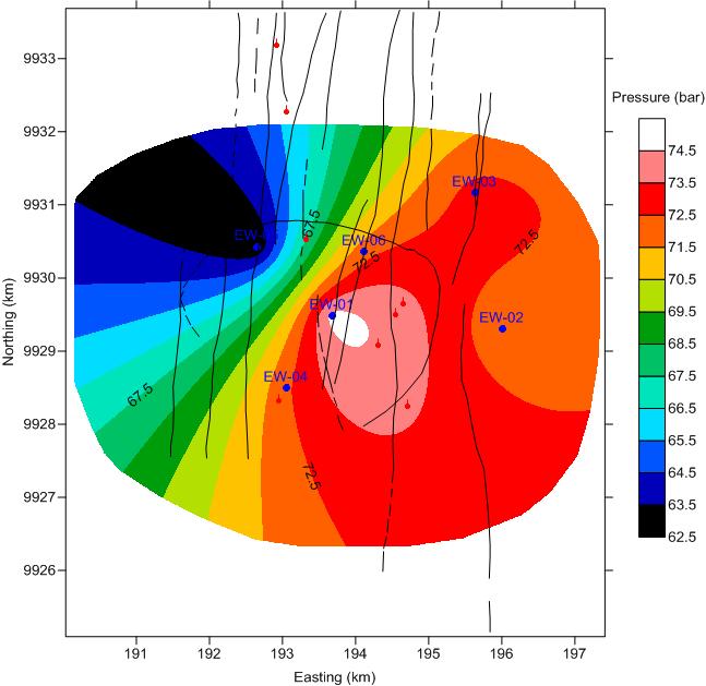 Figure 11: Pressure planar map at 1000 m a.s.l in the Eburru geothermal system 2.