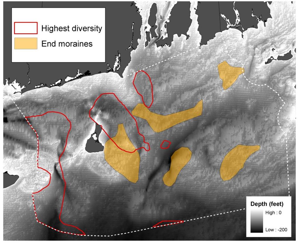 Figure 11. Areas of highest biodiversity shown with location of end moraines and bathymetry values. 4 Interpretation 4.