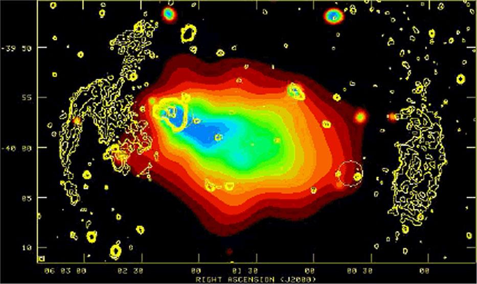 L. Feretti et al.: Diffuse radio emission in galaxy clusters Page 29 of 60 Fig. 14 Double radio relics in the cluster A3376: The radio emission is represented by yellow contours (0.12, 0.24, 0.