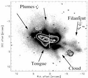 [Krause 2005, A&A, 436, 845] High redshift radio galaxies: surrounding gas compressed / wind shells Ly α haloe of 4C 41.17 at z=3.
