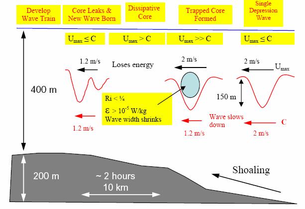 Figure 6: A summary cartoon illustrates the evolution of NLIWs on the shoaling continental slope across the Dongsha plateau.