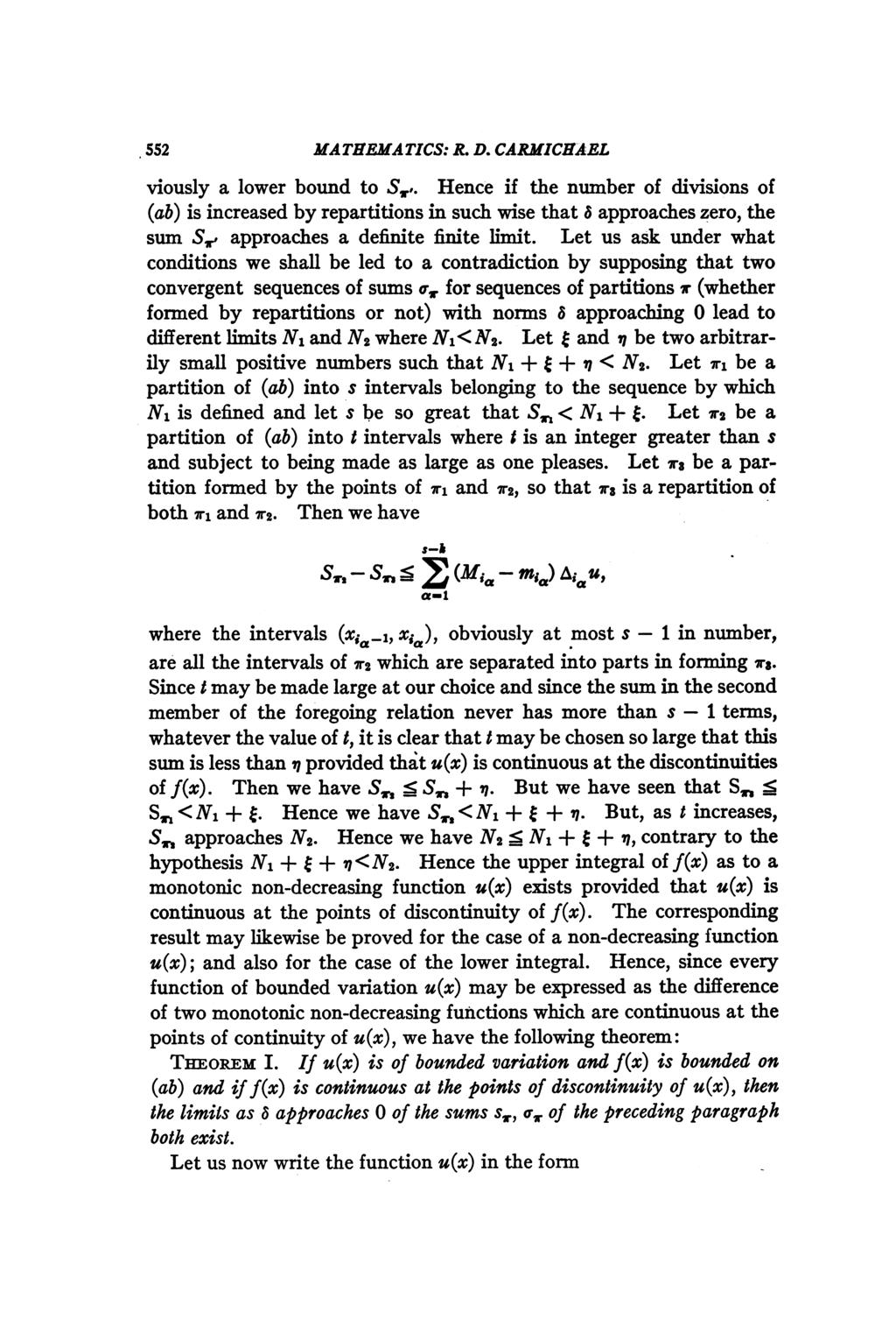 552 MATHEMATICS: R. D. CARMICHAEL viously a lower bound to S,.