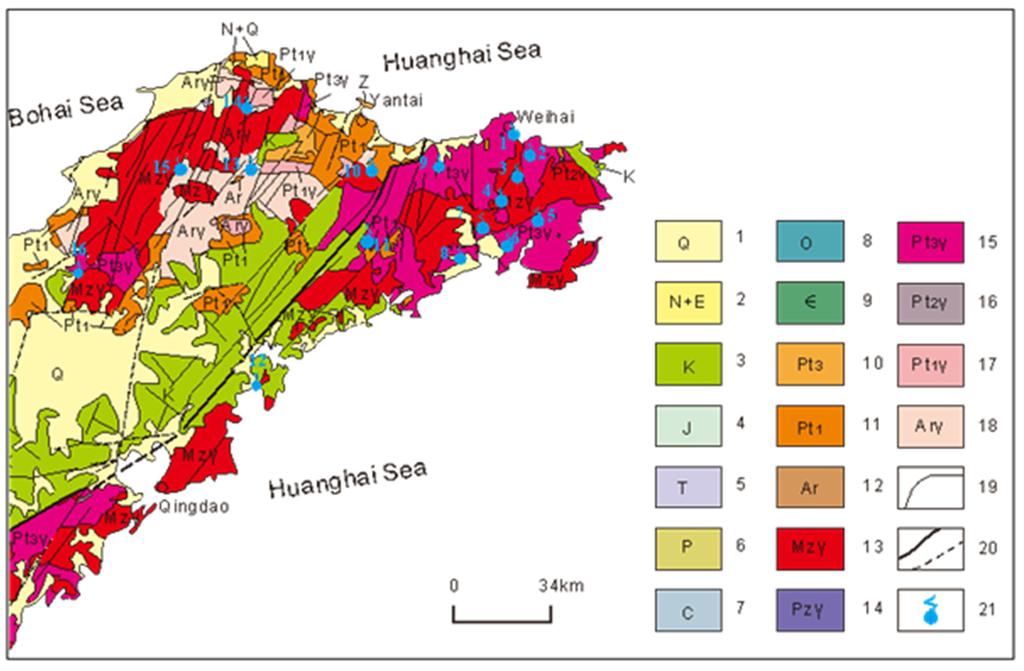 Zheng 2 UNU-GTP 40 th Anniversary Workshop FIGURE 1: Simplified geological map of Jiaodong peninsula, Shandong, China (mod.