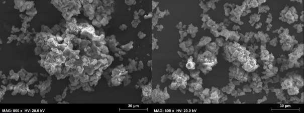 Sample taken after 25min decarbonation cycle have attrited to a greater extent and formed bigger agglomerates, however, there are some pores, which can be penetrated by usage of longer carbonation