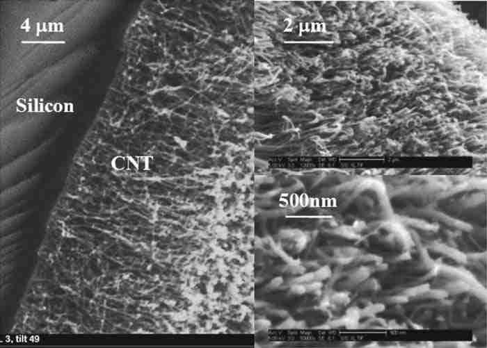 Fig. 1 SEM images of the CNT sample con wafer and oriented CNTs in the direction of heat conduction i.e., perpendicular to the silicon wafer.