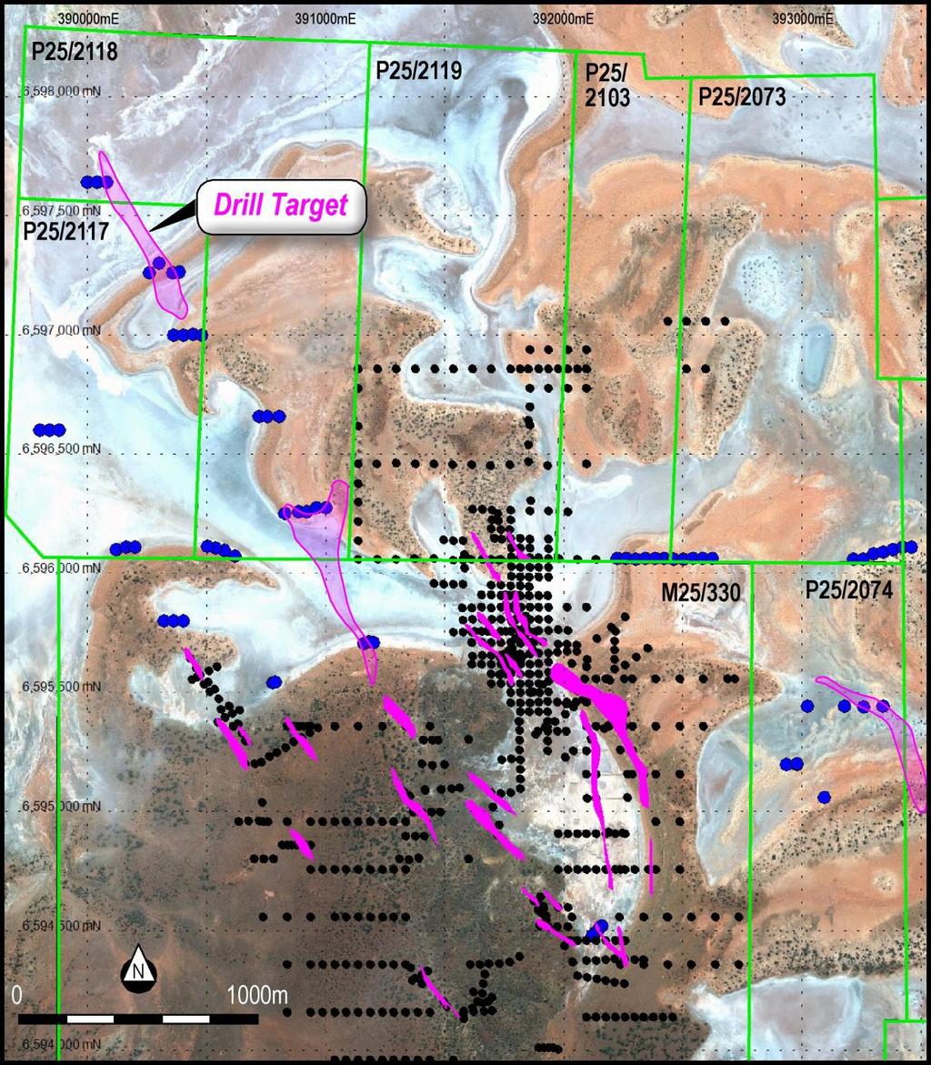 Figure 3 Google image with Fluid Flow drilling targets at Glandore. The completed holes are blue.