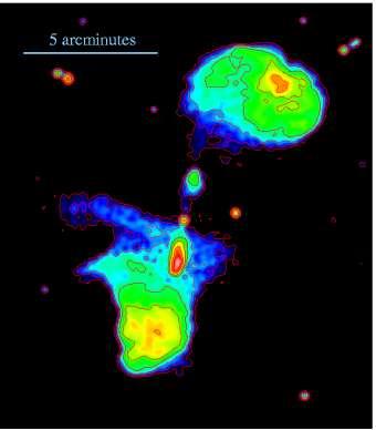 Figure 2: Radio galaxy J0116-473. Giant radio plumes surround the jets emitted from the central black hole. 20cm wavelength ATCA image by L. Saripalli, R.