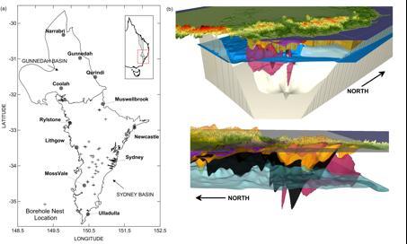 Figure 1 - Sydney-Gunnedah Basin model area showing (a) location of equilibrated drill holes, and (b) 3D geological model views from Underworld, with surface elevation, coal layers, volcanics and