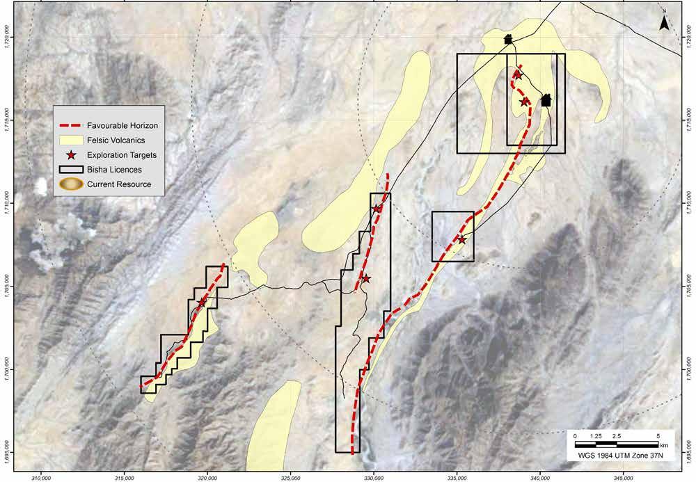Bisha District Licenses Strategic District scale license position Favourable Horizon Felsic Volcanic Deposits Bisha Licenses Bisha Mining License 1 Camp Plant NW Zone Bisha Main Current