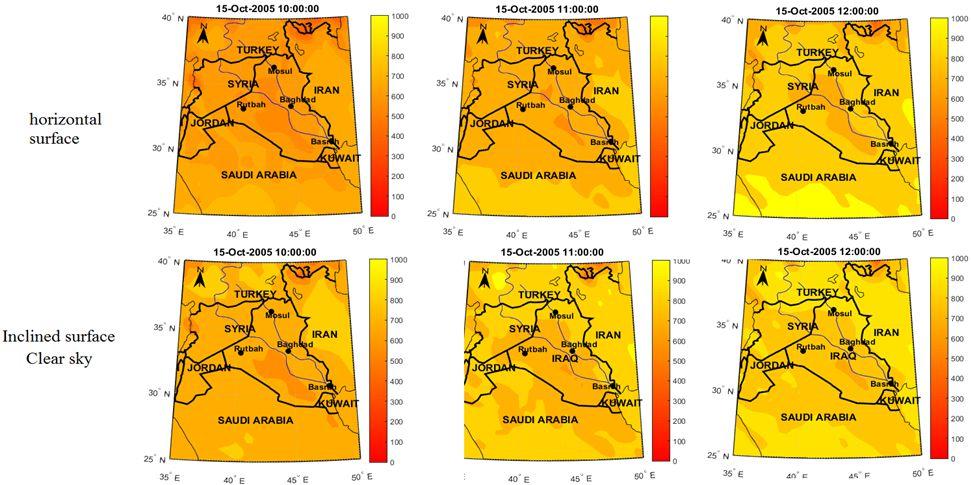 Estimation of Hourly Global Solar Radiation Incident on Inclined 21 Surfaces in Iraq at Different Sky Condition Figure 5: Temporal and Spatial Distribution for Hourly Global Solar Radiation (W/m2)