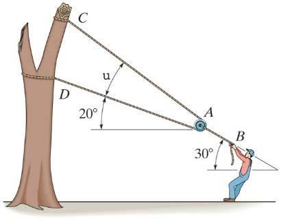 Statics Chapter III Fall 2018 Exercises Corresponding to Sections 3.1, 3.2, 3.3, 8.1, and 8.2 3 7 The man attempts to pull down the tree using the cable and small pulley arrangement shown.