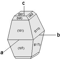 Page 7 of 7 2. Given the tetragonal crystal shown below and the following information: For the face (101) ρ = 70 o φ = 90 o a. What is the axial ratio for this crystal? b. What are the Miller Indices for the faces labeled (0kl) and (h0l), given that both of these faces have ρ = 53.