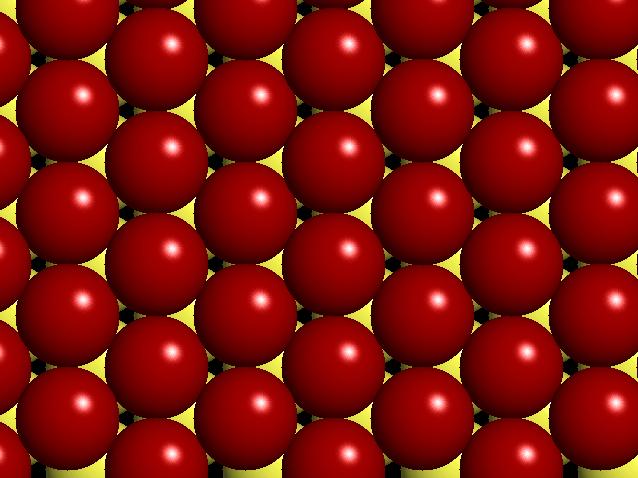 Closest Packing of spheres of uniform radius! Add next layer (red atoms) The atoms in this second layer (red atoms) can only settle in one dimple type.