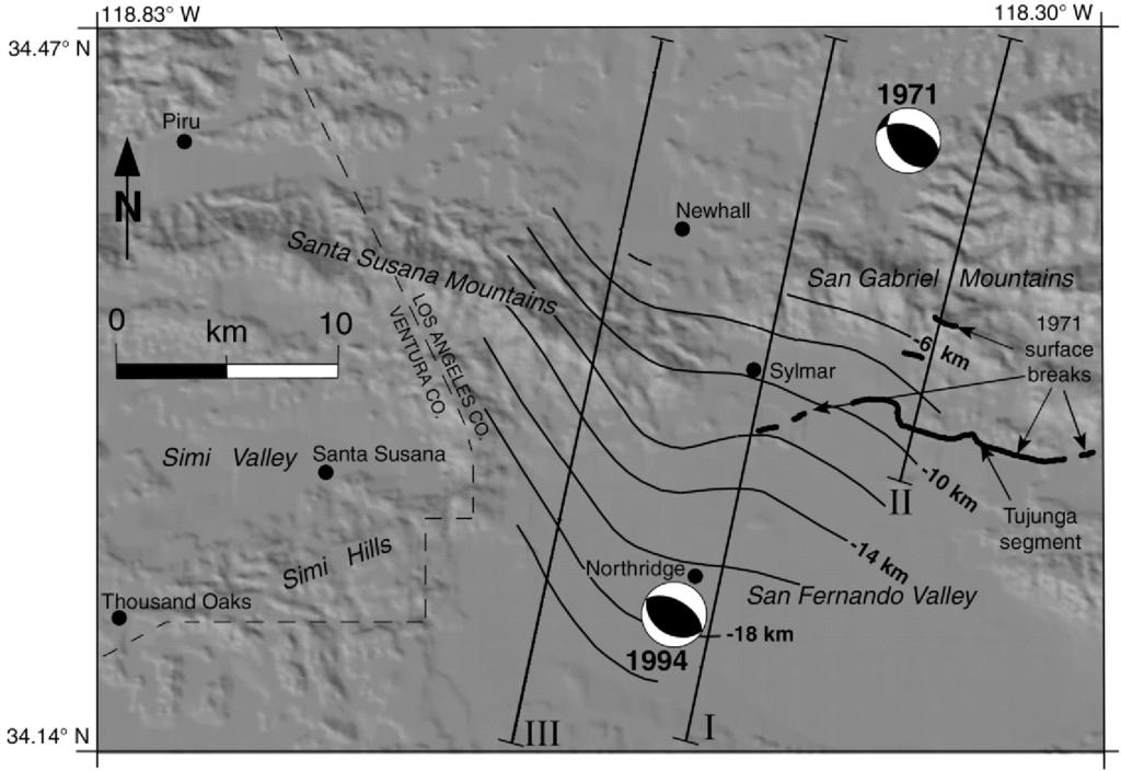 Figure 7. Structural contours on the Northridge rupture surface as interpreted from seismicity data, together with the three cross-sections I-III shown in Figs. 8-10 [Carena and Suppe, 2002].