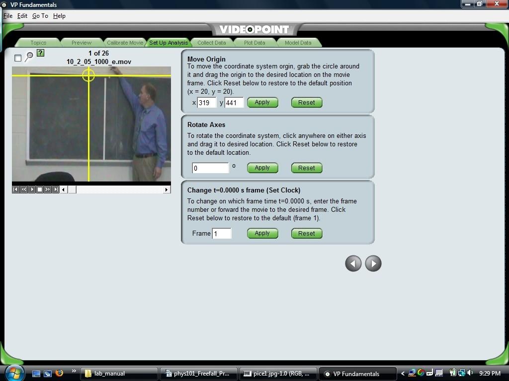 Figure 3.9 VideoPoint Physics Fundamentals Calibration Screen 12. This is the Set Up Analysis frame. Set the origin using Move Origin x and y position boxes.