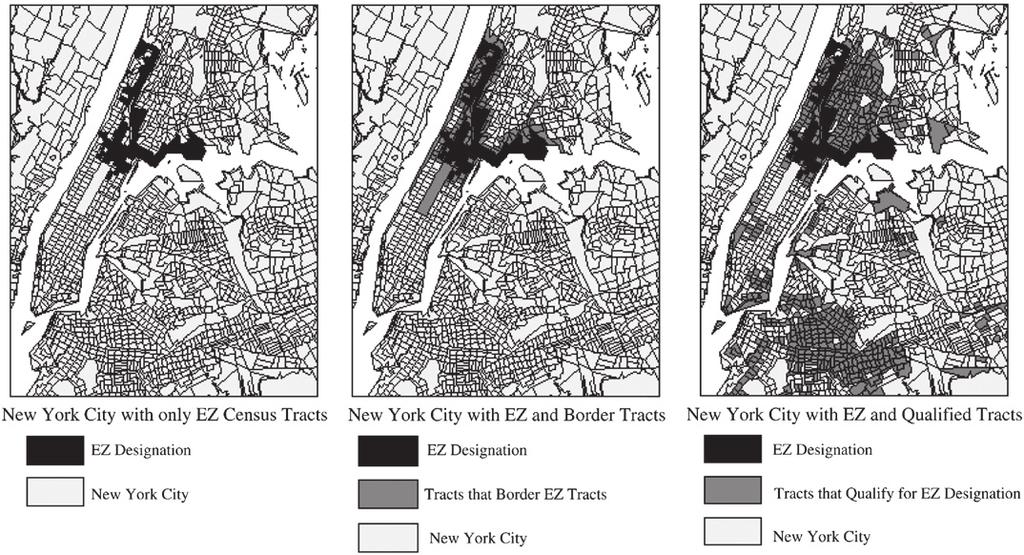 88 A. Hanson, S. Rohlin / Regional Science and Urban Economics 43 (2013) 86 100 A) EZ Census Tracts B) EZ Census Tracts & Border Tracts C) EZ Census Tracts & Qualified Tracts Fig. 1. New York City Empowerment Zone, bordering, and qualified census tracts.