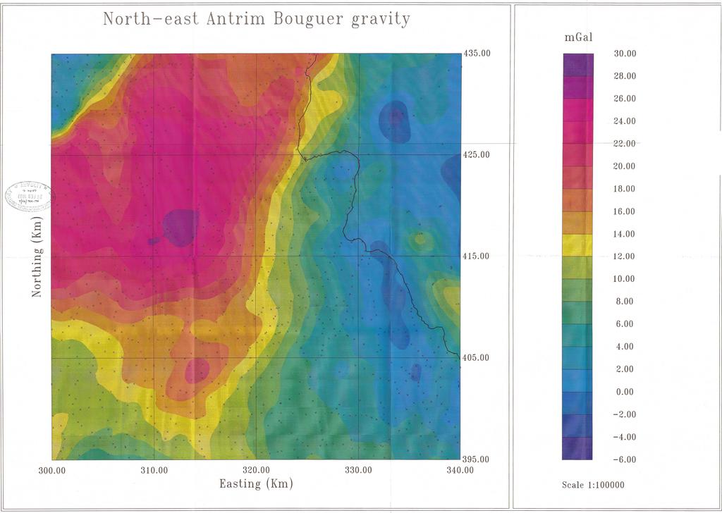North = east Antrim Bouguer gravity mgal 435.00 30.00 28.00 26.00. 24.00 425.00 20.00.. X 6.00 4.00 405.