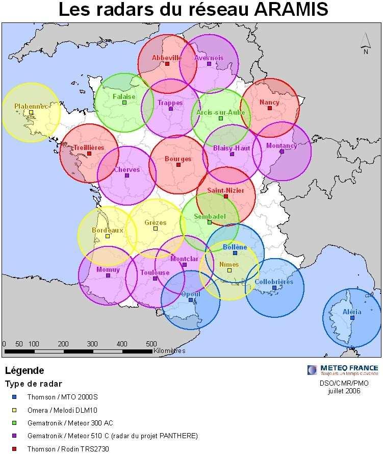 3 2.5 height [km] 2 1.5 1 0.5 0 0 20 40 60 80 100 range [km] FIG. 2: French radar network. The radius of the circles is 100 km and the color code corresponds to the different radar types. 3.