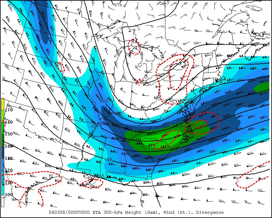 Summary of High Wind Event of 7 March 2004 This event was characterized by a very strong jet streak that developed over North Carolina by 00 UTC 8 March, as seen in the Eta model analysis at 300 mb,