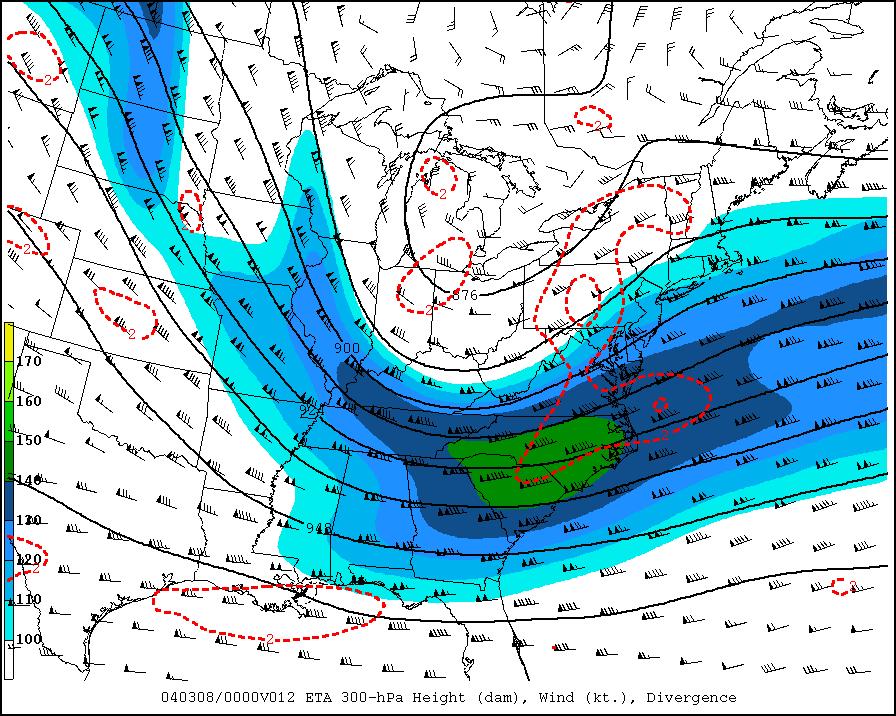 The forecast of this feature from the 12Z Eta run on 7 March had the placement of the jet streak correct, as well as the weak
