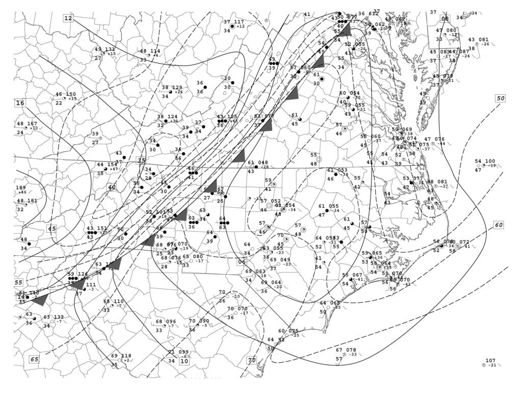 By 00 UTC 8 March surface analysis shows that the cold front has moved to the eastern slopes of the Appalachians with southwesterly flow ahead of the front and northwesterly flow behind the front.