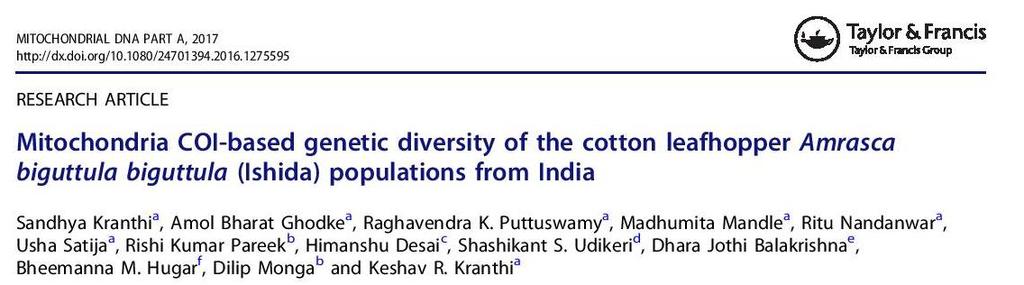 Genetic divergence analysis of leaf hopper population across India confirmed the presence of single species.