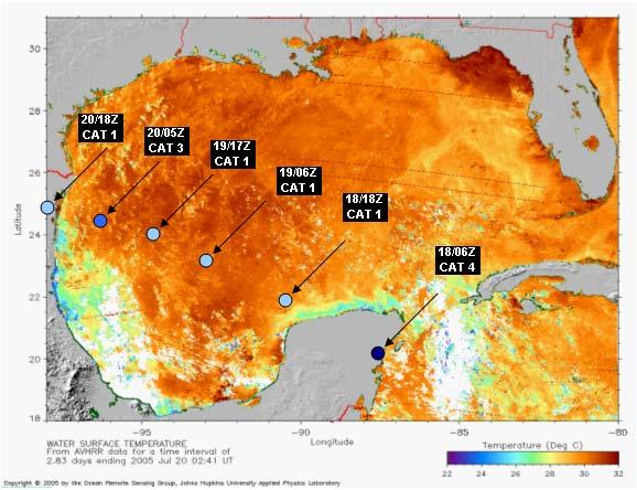 Figure 3. Gulf of Mexico 3.5-day averaged SSTs at landfall of Hurricane Emily. Warm water facilitated rapid intensification prior to landfall. (John Hopkins Univ. Appl.