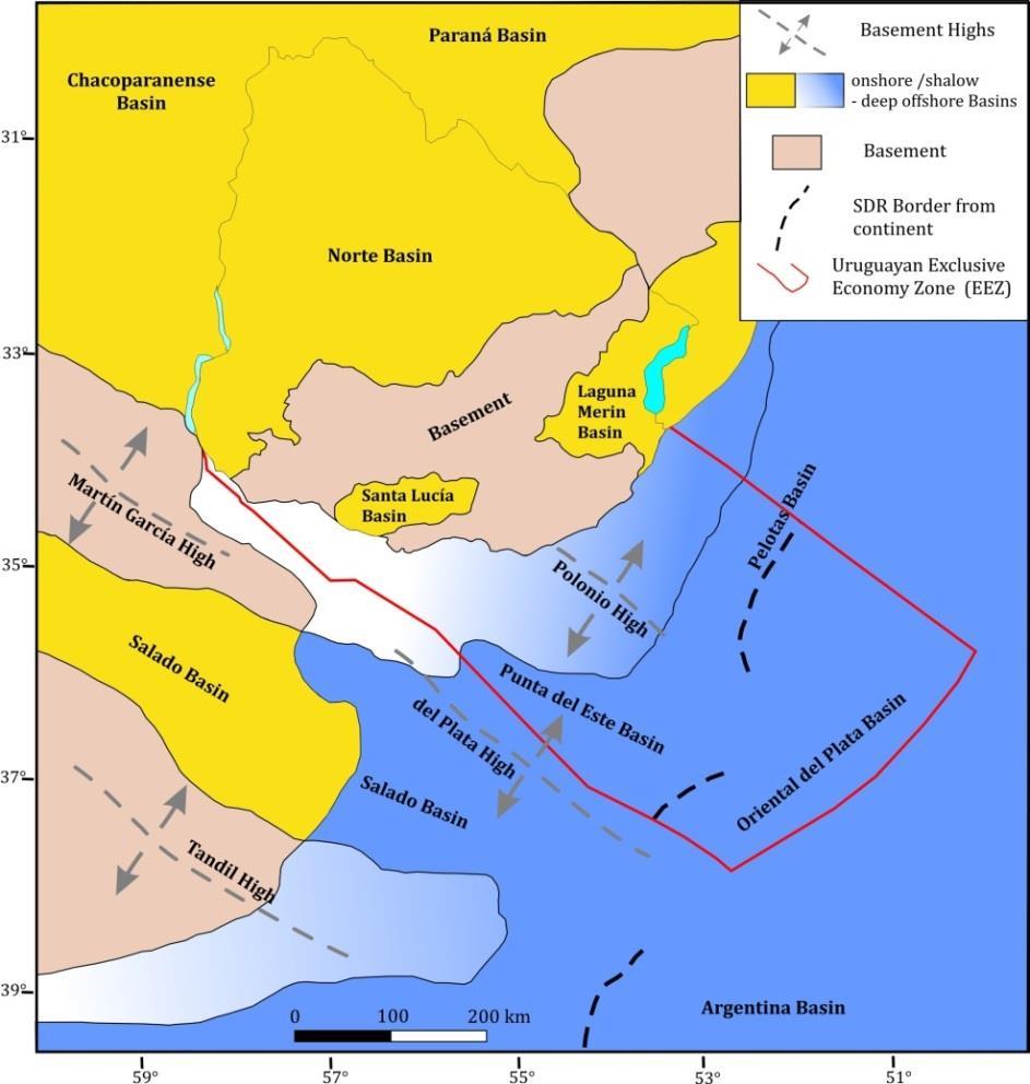 Tectonic and structural framework of the continental margin of Uruguay Three basins are recognized offshore Uruguay: Punta del Este Basin to the west Pelotas Basin to