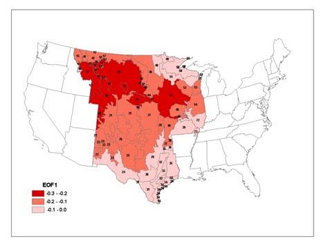 drought variability in the Central United States. The spatial analysis (EOF) was also used to determine the spatial variability of the climate condition in each period during the growing season.