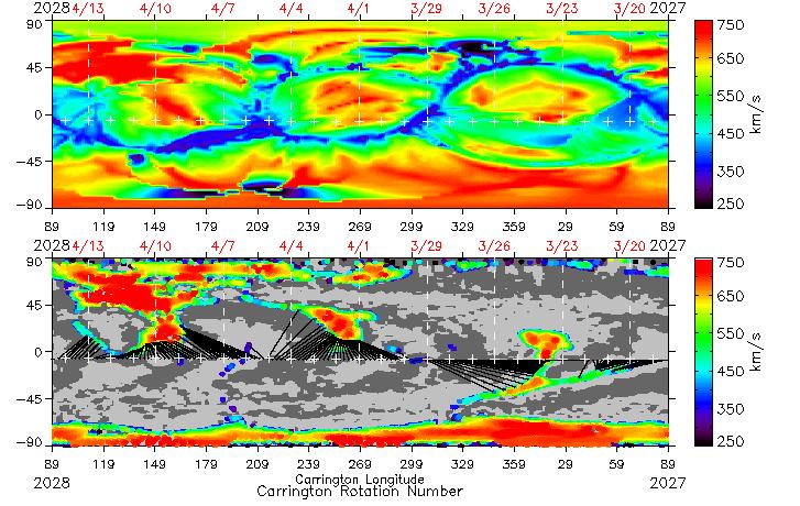 Coronal Hole and Solar Wind Speed with Heliolongitude Distribution Solar Wind Speed NSO Date longitude