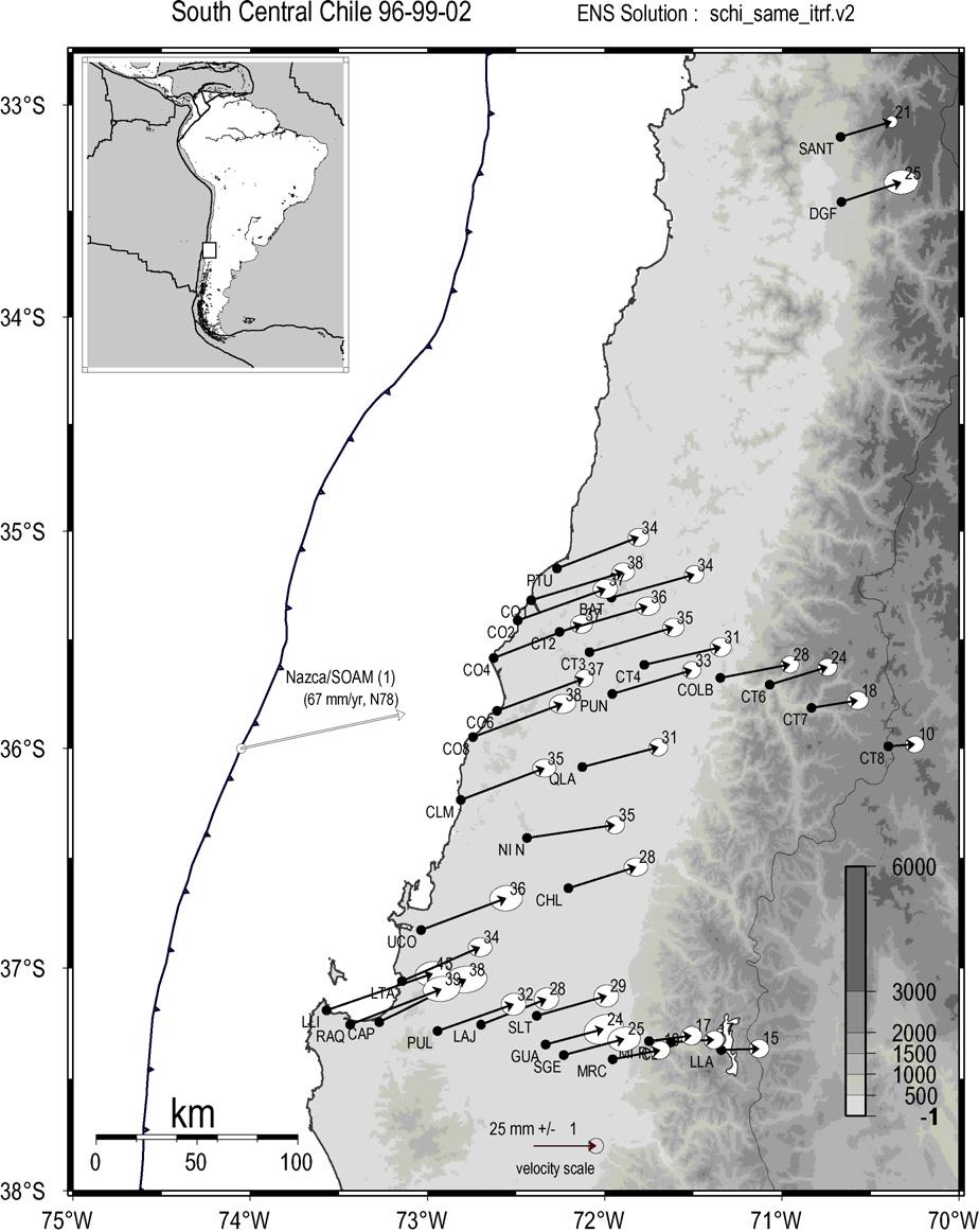 J.C. Ruegg et al. / Physics of the Earth and Planetary Interiors 175 (2009) 78 85 81 Fig. 2. South Central Chile experiment: GPS velocities relative to stable South America.