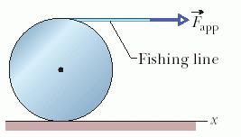 32. In the figure, a constant horizontal force F app of magnitude 30 N is applied to a uniform solid cylinder by fishing line wrapped around the cylinder.
