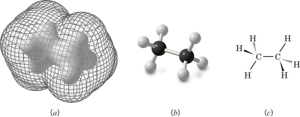 The representations of ethane show the tetrahedral arrangement around each carbon a. calculated electron density surface b. ball-and-stick model c.
