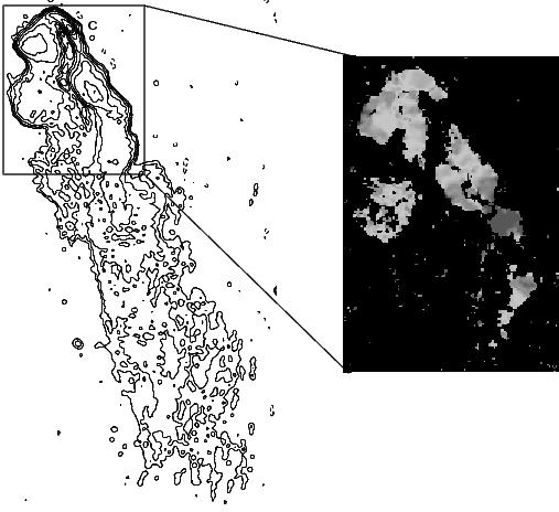 Galaxy clusters in radio 21 Fig. 11. VLA contour plot of the tailed radio galaxy 0053-015 in A119 at 1.4 GHz (left), and RM image (right).