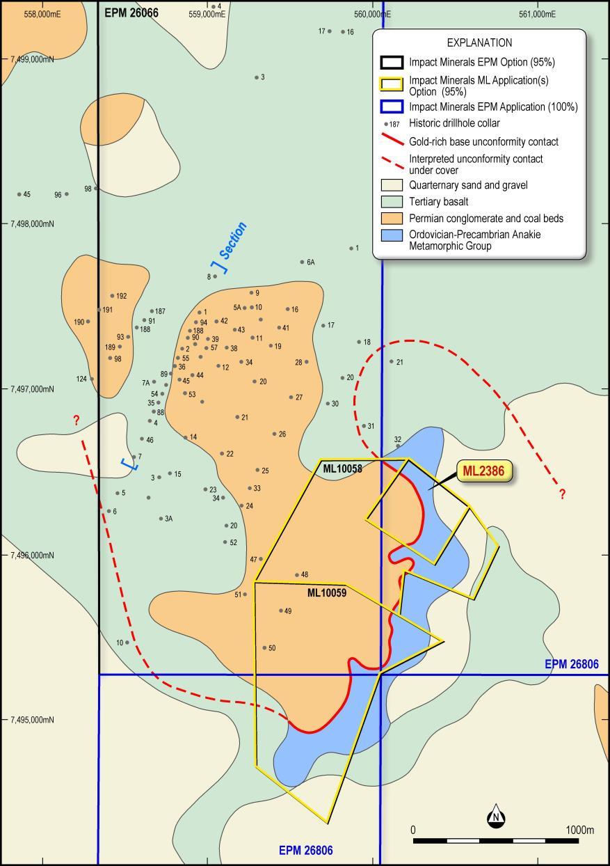 The gold produced at Blackridge was mostly hosted in basal conglomerates of Permian-aged sedimentary basins which include the mined coal measures that unconformably overlie the Anakie metamorphic