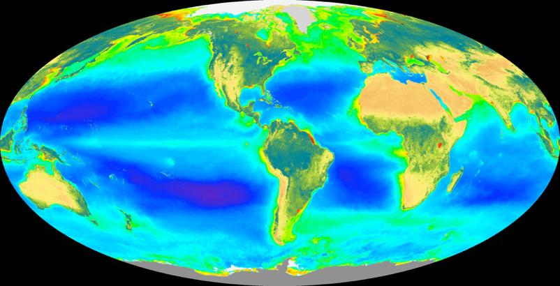 Short Answer (3-5 pts each): (5 questions) 1) (5 pts) On the ocean color map of the world below, (A) (1.