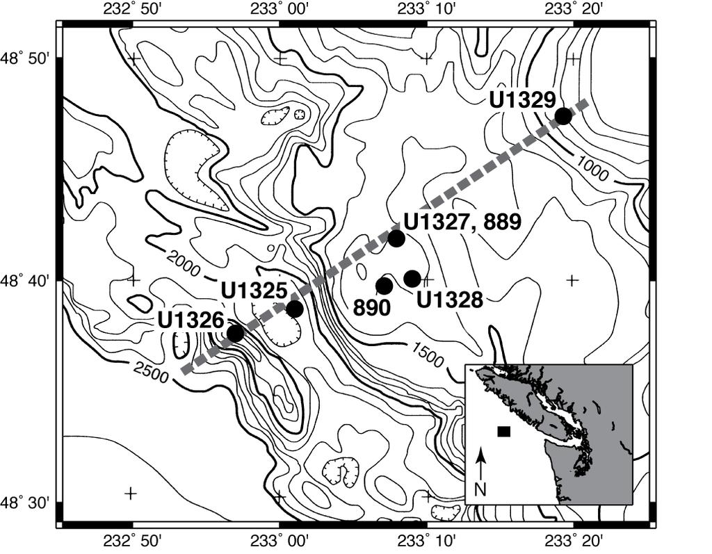 Figure 1. Sites drilled on the northern Cascadia margin during IODP Exp. 311 (U1325-U1329) and ODP Leg 146 (889 and 890).