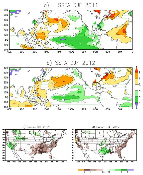 Comparison bw 2011 and 2012 winter Both winters were La Nina winters with leas than -1C SSTAs in the tropical Pacific Both had warm SSTAs in the North Pacific (PDO) The differences are in the