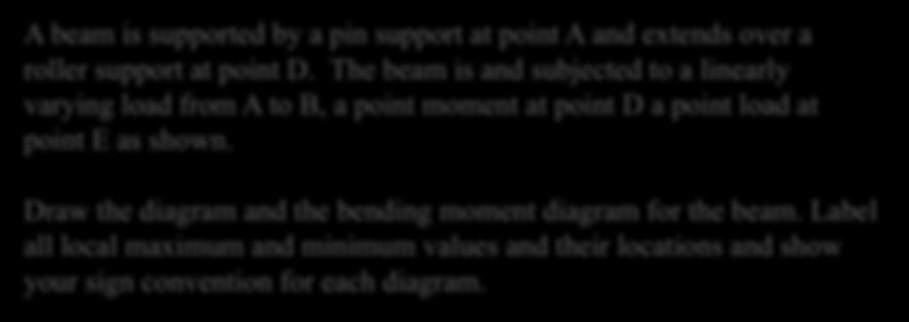 The beam is and subjected to a linearly varying load from to B, a point moment at point D a point load at point