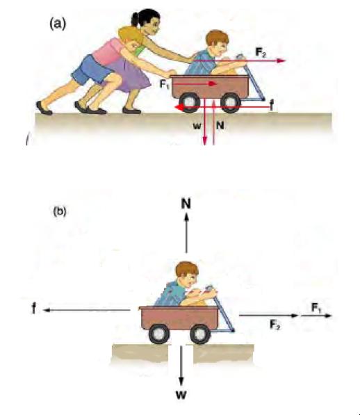 15 Figure 3.3: (a) The wagon and rider form a system that is acted on by external forces. (b)the two children pushing the wagon and child provide two external forces.