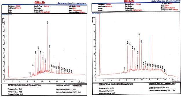 Gas chromatogram of sample of sample Okhb 1c showing depositional environmental and thermal maturity parameters (A) (B)