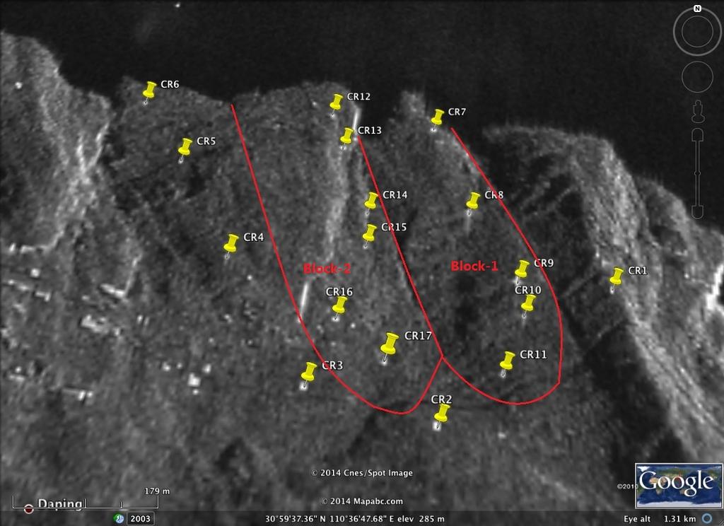 Location of Corner Reflectors in Shuping landslide area shown on geocoded TSX image exported to Google Earth with the red boundary corresponding to the two