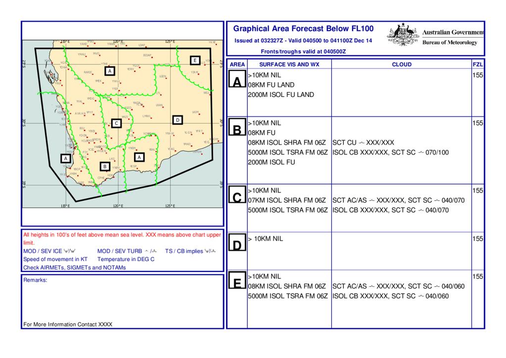 -19- M-ET/R TF/4 IP/01 work in reviewing the requirements to support the implementation of Graphical Area Forecasts (GAF). 7.1.3 GAFs will be produced for 10 areas across Australia. 7.1.4 GAF will cover the area between the surface and FL100 as per ICAO requirements compared to the current area forecast which covers from the surface to FL200.