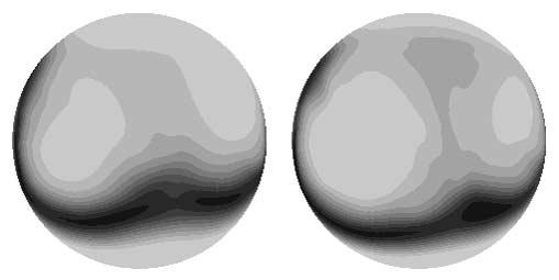 Figure 6. Radial component of simulated plasma flow at 2.5 solar radii. From the left the viewpoints are set at the Earth s position on 27, 28, and 29 October 2003.