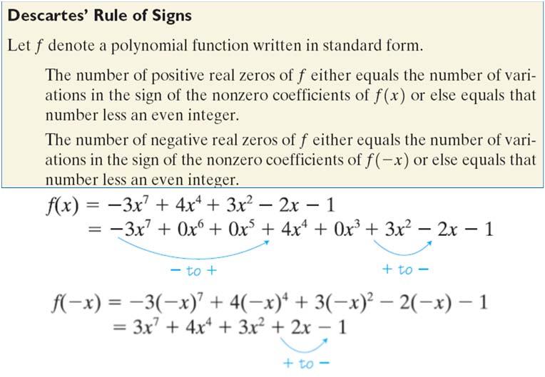 Decartes Rule of Signs Remainder/Factor Theorems Example Find the number of possible real zeros