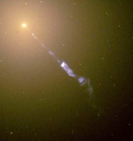 4 kpc long optical jet imaged by HST terminates within the inner part of the elliptical galaxy (Sparks et al. 1996).