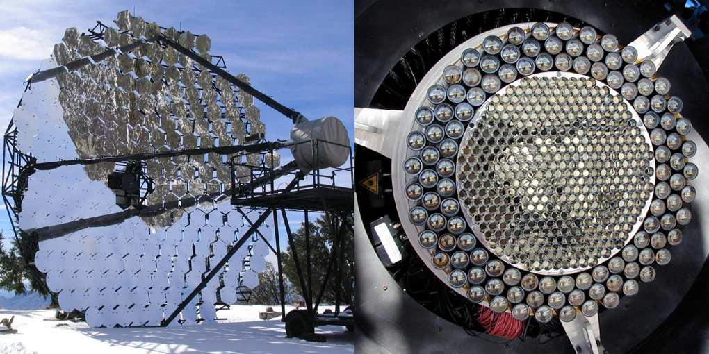 3.2. THE WHIPPLE M TELESCOPE Figure 3.6: Photographs of the Whipple m telescope. Shown (right) is the camera at the focus. Modern IACT Telescope Systems H.E.S.S., MAGIC, and VERITAS represent a new class of high sensitivity IACT telescope systems.