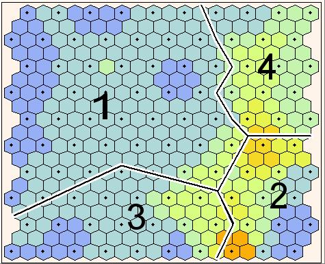 Figure 11. U-matrix of the Self-Organizing Map used for clustering of Nelson-Siegel model factors. The boundaries of four clusters found by k-means are visualized.