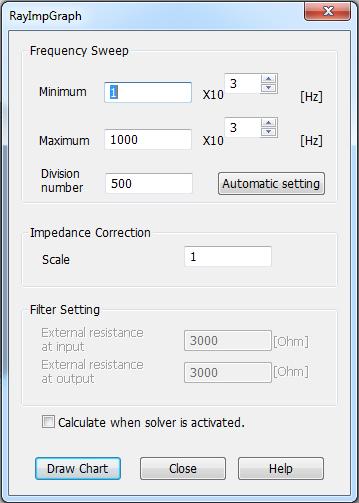 Piezoelectric Resonant Analysis: Dialog Box for Impedance Calculation Frequency can be set automatically A button is available for automatic setting.